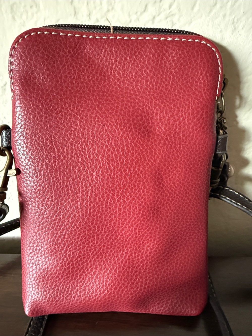 Chala Red Leather Crossbody Phone Pouch with Dark Trim - Picture 2 of 4